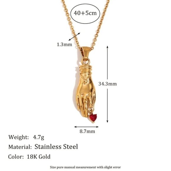 Vintage Style Necklace Hand Pendant Red Heart Rhinestone 18K Gold Plated - Picture 6 of 6
